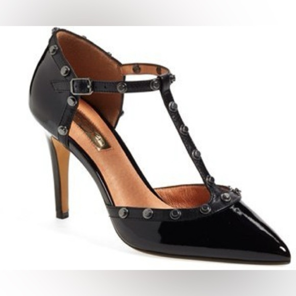 Halogen Martine Black Patent Studded T-Strap Pumps Heels‎ Size 8.5
